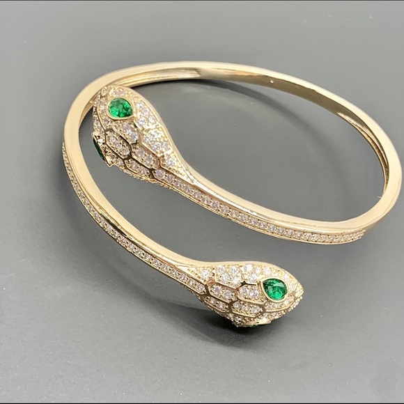 Gold Crystal Double Head Snake Cuff Bracelet - Picture 3 of 16